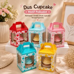 Kotak Cupcake Motif Polkadot 1 Lubang Duplex 270gr Laminasi Glossy | Box Muffin Jendela Isi 10 pcs