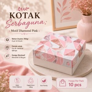 Kotak Serbaguna Motif Diamond Pink Duplex 350gr Premium | Box Kue & Kemasan Makanan Tebal Kuat Elegan | Isi 10 Pcs