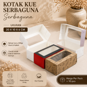 Kotak Serbaguna 20 x 10 x 6 cm | Box Kue / Brownies / Roti / Snack dengan Jendela Mika | Ivory 350gr Laminasi