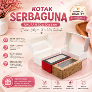 Kotak Serbaguna 20 x 10 x 6 cm | Box Kue / Brownies / Roti / Snack dengan Jendela Mika | Ivory 350gr Laminasi