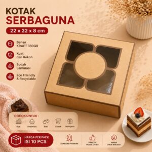 Kotak Serbaguna 22 x 22 x 8 cm | Box Kue Jendela Mika Premium Ivory 350gr Laminasi | Isi 10 PCS