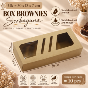 Box Brownies Kraft 30x13x7 cm | Dus Brownies Jendela Transparan | Kemasan Cake & Kue | Kraft 500gr PE | Isi 10 Pcs