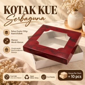 Kotak Kue Marmer Merah Maroon Jendela Mika | Box Cake Duplex 350gr Elegan | Kemasan Kue & Makanan | Isi 10 Pcs