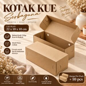 Kotak Kue Kraft 325gr 22x10x10 cm | Box Kue Polos Coklat Premium | Kemasan Cake, Brownies & Makanan | Isi 10 Pcs
