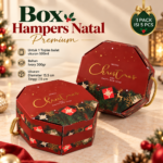 Box Hampers Natal Premium Motif Christmas Diameter 15,5 cm | Dus Hampers Toples Bulat 500ml Bahan Ivory 300gr Handle Tali | Isi 5 Pcs