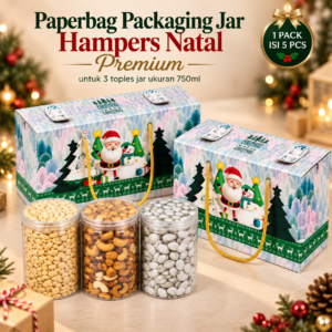 Paperbag Hampers Natal Premium Motif Christmas Isi 5 Pcs | Tas Packaging 3 Toples Jar 750ml untuk Kue Kering, Parcel & Bingkisan Natal